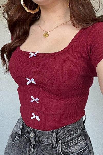 SYMPATHY Kadın Bordo Kaşkorse Kare Yaka Fiyonklu Kısa Kollu Yazlık Tshirt