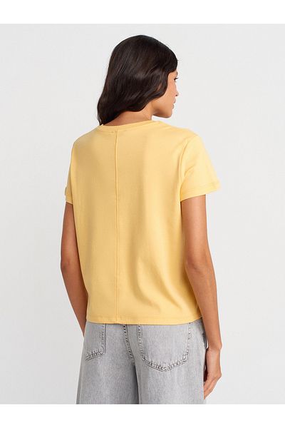 Dilvin 31757 Crew Neck Stitching Detailed T-Shirt-Yellow