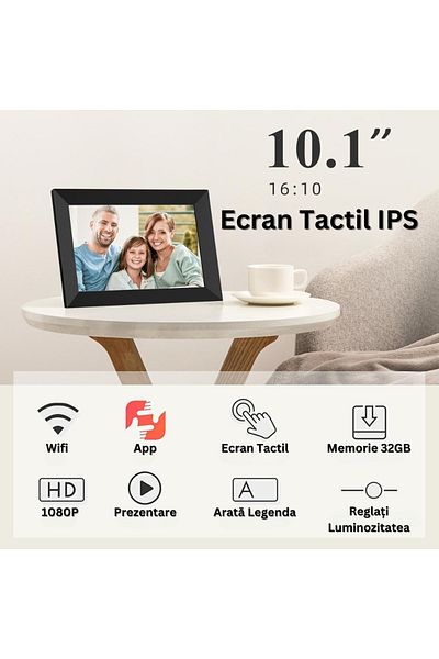Velixo Ramă foto digitală WiFi 10.1", 32GB, 1GB RAM, ecran tactil, 1080P, IPS HD 1280x800, difuzoare duale de 2W