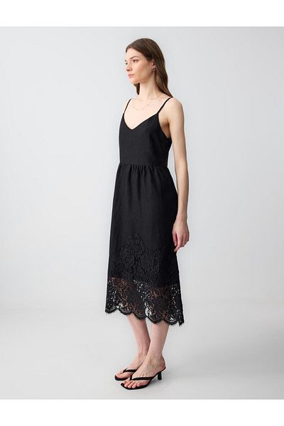 Jimmy Key Black 100% Linen V-Neck Strap Midi Dress with Lace Detail
