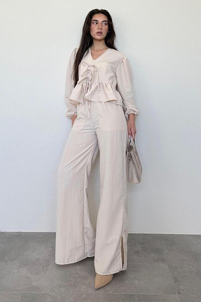 Madmext Beige Tie Front Blouse Pants Set Mg2343