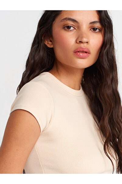 Dilvin 31810 Bisiklet Yaka Crop T-shirt-Πέτρα