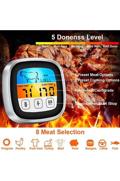 Velixo Termometru digital de bucătărie, ecran tactil, cronometru, alarmă, 8 tipuri de carne, 5 niveluri, oțel inoxidabil