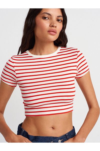 Dilvin 31889 Striped Crop Top-E.-Red