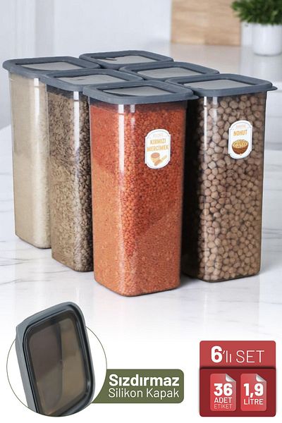 İronika 6-Piece Leakproof Silicone Lid Labeled Jumbo Size 1900 ml Square Food Storage Container Anthracite
