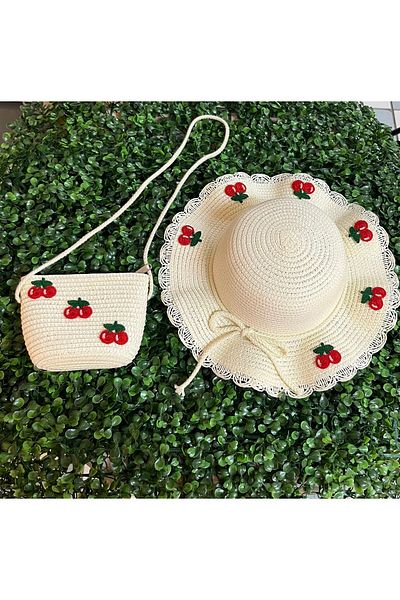 PONÇİK ACCESSORİES Girl's Straw Hat Fedora Hat Bag Set with Cherry Figure for Ages 2-6