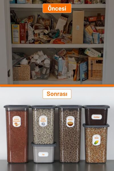 İronika 6'lı Sızdırmaz Silikon Kapaklı Etiketli 1300 ml Kare Erzak Bakliyat Saklama Kabı Antrasit