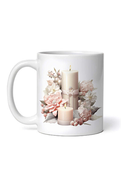 OEM Cană albă personalizată, Lumânări albe cu flori roz, INOVATIX®. 330ml