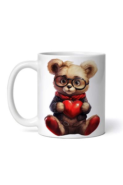 OEM Cană albă personalizată, ursuleț de Ziua Îndrăgostiților cu bandană roșie și inimă, Inovatix®. 330 ml