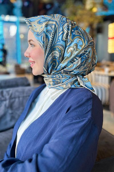 Sultan Eşarp Sultan Soft Cotton Scarf - Ρετρό μοτίβο - SSE0238-31 - Μπλε, μουσταρδί
