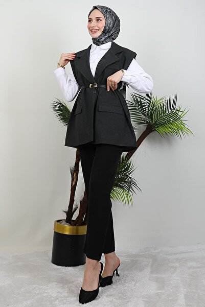 GİYZAMİLA Belted Vest Dark Gray
