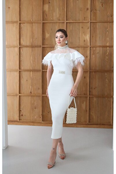 1Moda1Tarz Women's Scuba Fabric Lace and Tassel Detailed Special Design Dress with Necklace Neck Belt Included Lining