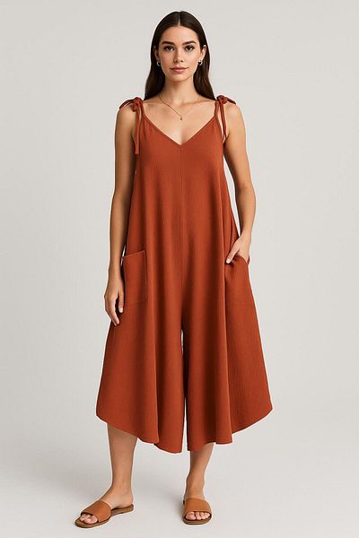 OLEA MODA Shoulder Tie Pocket Cinnamon Wrap Shalwar Jumpsuit