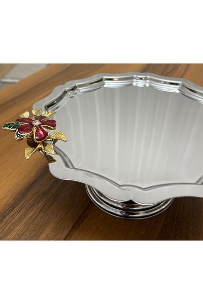 SEVA ÇELİK Steel Round Wavey Footed Red Flowers Cake Cookies Stand Luxury