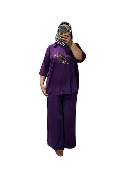 Sevda Kılınç Large Size Stone Embroidered Combed Cotton Suit