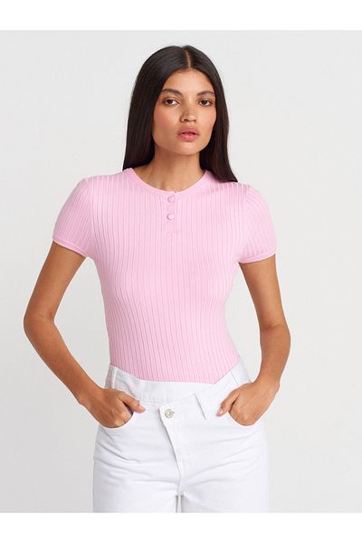 Dilvin 10756 Πλεκτό μπλούζα με κουμπιά Crew Neck-Ροζ