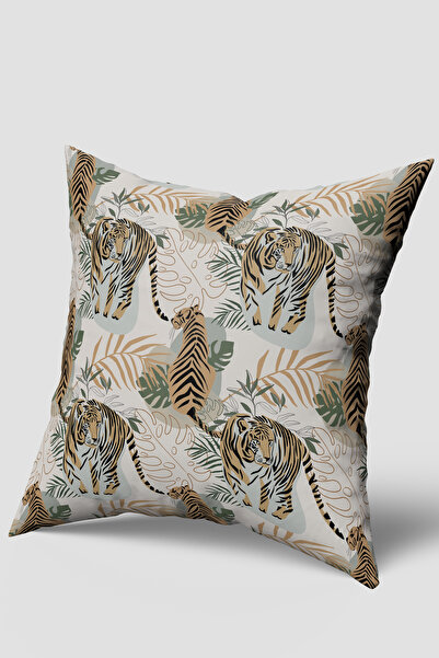 EsnafAli Μπεζ Κάλυμμα Μαξιλαριού Ριχτάρι με Τροπικό Μοτίβο Τίγρης