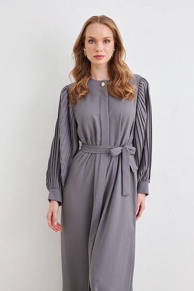 VAVİNOR Pleated Sleeves Abaya - Gray