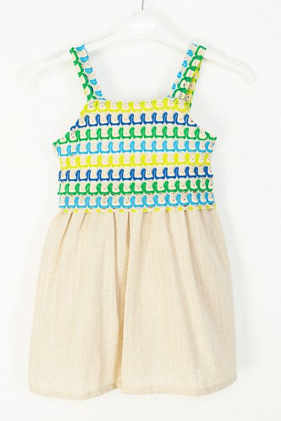 DMB BOYS & GIRLS Ethnic Patterned Colorful Embroidered Skirt with Straps Linen Textured Girl's Dress