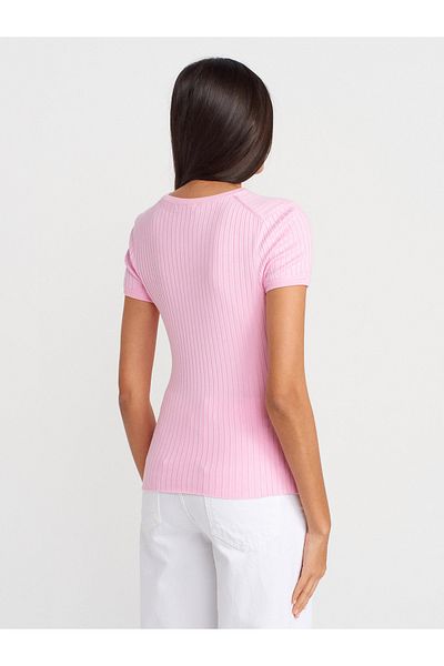Dilvin 10756 Πλεκτό μπλούζα με κουμπιά Crew Neck-Ροζ