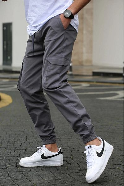 VIKUNYA Pantaloni cargo pentru bărbați, gri Jogger, din bumbac de calitate, lycra, cu talie și picioare elastice, buzunare cargo