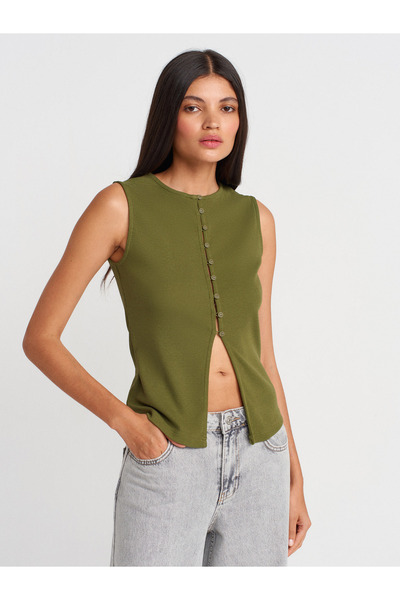 Dilvin 31701 Button Detailed Sleeveless Top-Khaki