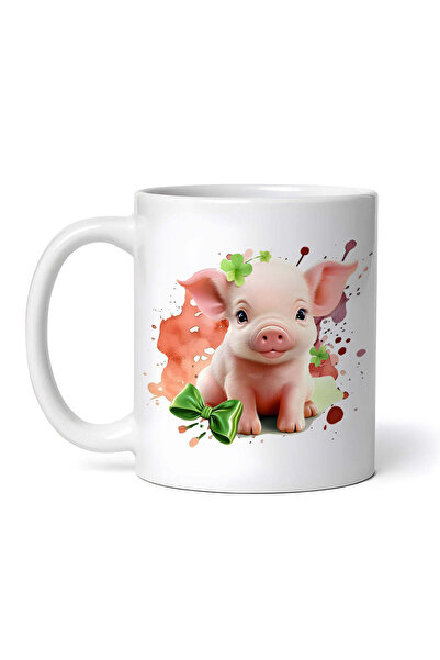 OEM Εξατομικευμένη λευκή κούπα, Γουρουνάκι με πράσινο φιόγκο, INOVATIX®. 330 ml