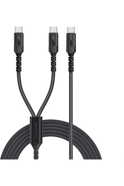 Promate كابل USB-C™ إلى USB-C™ مزدوج مع توصيل طاقة 140 وات، ونقل بيانات بسرعة 480 ميجابت في الثانية، وتقنية Over Current