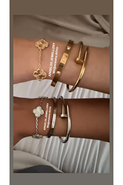 ANGELSS JEWELLERY Üçlü Kombin Yonca Model Bileklik Çivi Kelepçe (Gold ve Gümü...