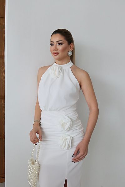 1Moda1Tarz Γυναικείο Εισαγόμενο Κρεπ Ύφασμα Ροζ Λεπτομερές Φόρεμα Ειδικού Σχεδιασμού με Σχισμή