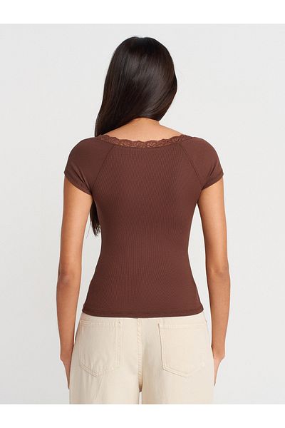 Dilvin 31845 Lace Detailed Buttoned Top-Light Brown