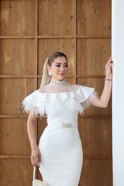 1Moda1Tarz Γυναικείο υφασμάτινο κατάδυσης με δαντέλα και φούντα με λεπτομέρεια κολιέ με ζώνη λαιμού με επένδυση Φόρεμα ειδικής σχεδίασης