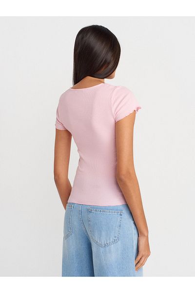 Dilvin 31789 Lace Trimmed V-Neck Top-Powder Pink