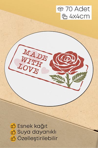 alışveriş kurdu Made with Love Written Sticker Packaging Shipping Packaging Label - 4X4Cm 70 Pieces Round