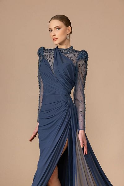 Kenzel Embroidered Transparent Long Sleeve Detail Slit Long Dress-7066