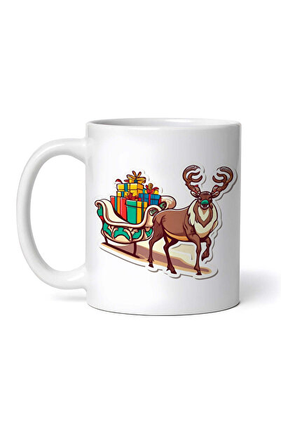 OEM Cană albă personalizată, Ren cu sanie plină de cadouri, INOVATIX®. 330ml
