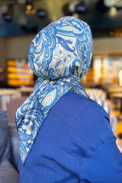 Sultan Eşarp Sultan Soft Cotton Scarf - Ρετρό μοτίβο - SSE0238-33 - Navy Blue, Soft Yellow