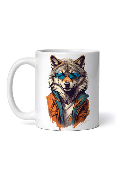 OEM Cană albă personalizată, Lup cu jachetă și ochelari, Inovatix®. 330 ml