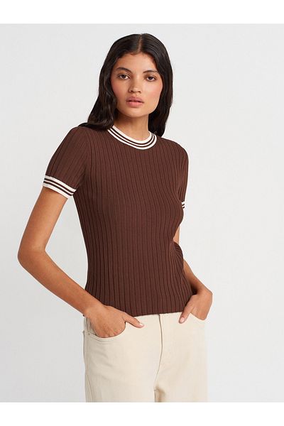 Dilvin 10765 Crew Neck Striped Knitwear Blouse-Brown-Cream