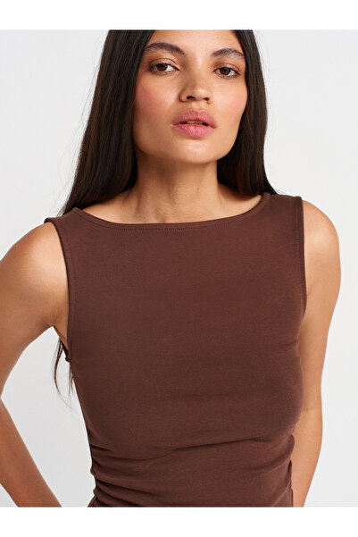 Dilvin 31589 Μαζευμένο Boat Neck Top-Ανοιχτό καφέ