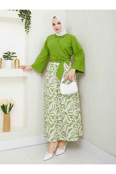 moda periy Women's Summer Seasonal Style Side Tie Tunic Patterned Skirt Suit Hijab Combination