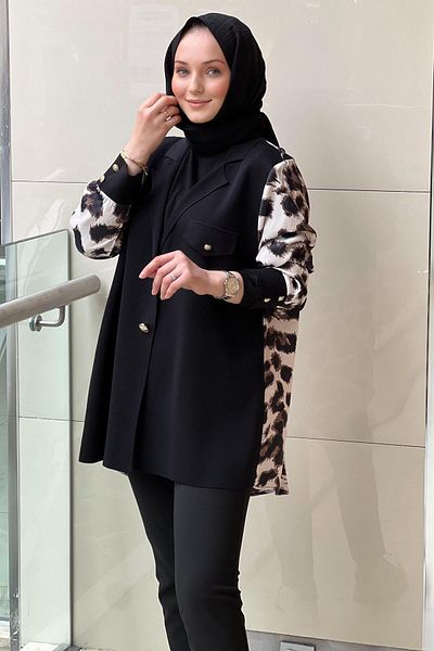 Ghisa Double Breasted Collar, Knitted Front, Sleeves and Satin Patterned Jacket at the Back