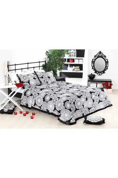 NEEA HOME Nesta Jacquard Woven Black Cream Lace Patterned Double Bedspread 260 X 260 cm