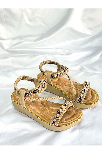 Guja Ba04535 Beige Women's Ankle Stripe Stone Daily Orthopedic Thick Sole Imported Sandals - Beige - 38