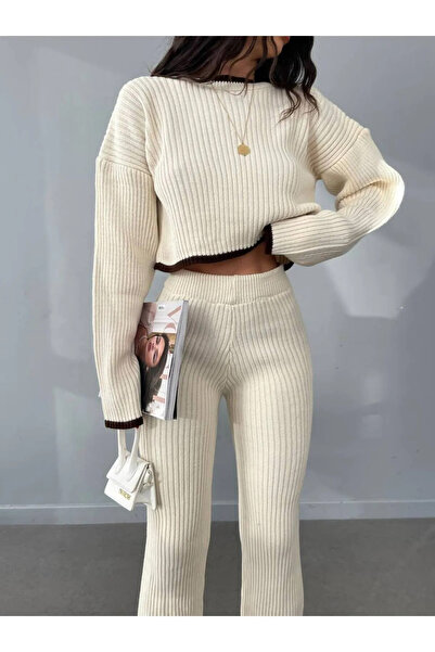 NZL TEKSTİL Dgn's 2-Piece Crop-Pants Suit with Line Detail