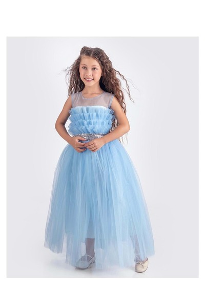 Mnk Baby&Kids Sapes Model Sırt Gipeli Tüllü Kız Çocuk Askılı Saten Abiye MNK0618 BEBE MAVİ