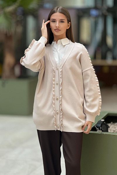 Ghisa Front and Sleeve Ruffle Ribbed Knitwear Cardigan