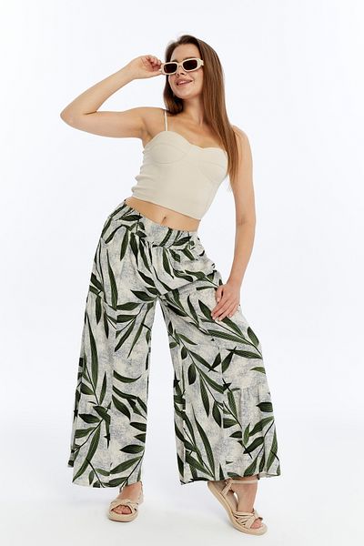 ESPOİRPLUS Women's Green Leaf Patterned Gathered Lycra Woven Trouser Skirt