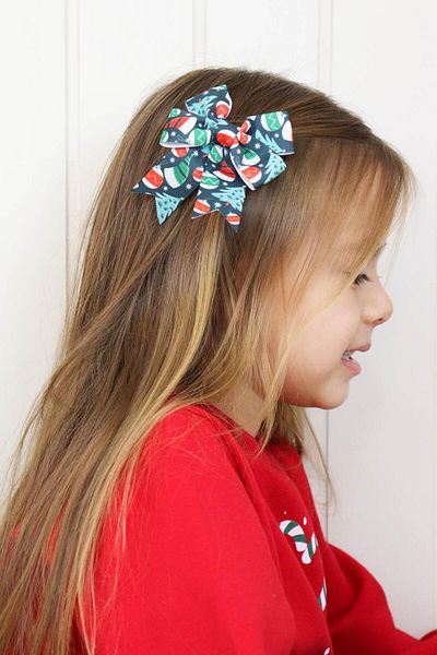 Le Mabelle Navy Blue Pine Tree Patterned 2-Piece Girls' Bow Clip Buckle