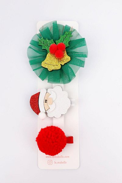 Le Mabelle Green Tulle Detailed Kokina Flower 3-Piece Clip Buckle Set